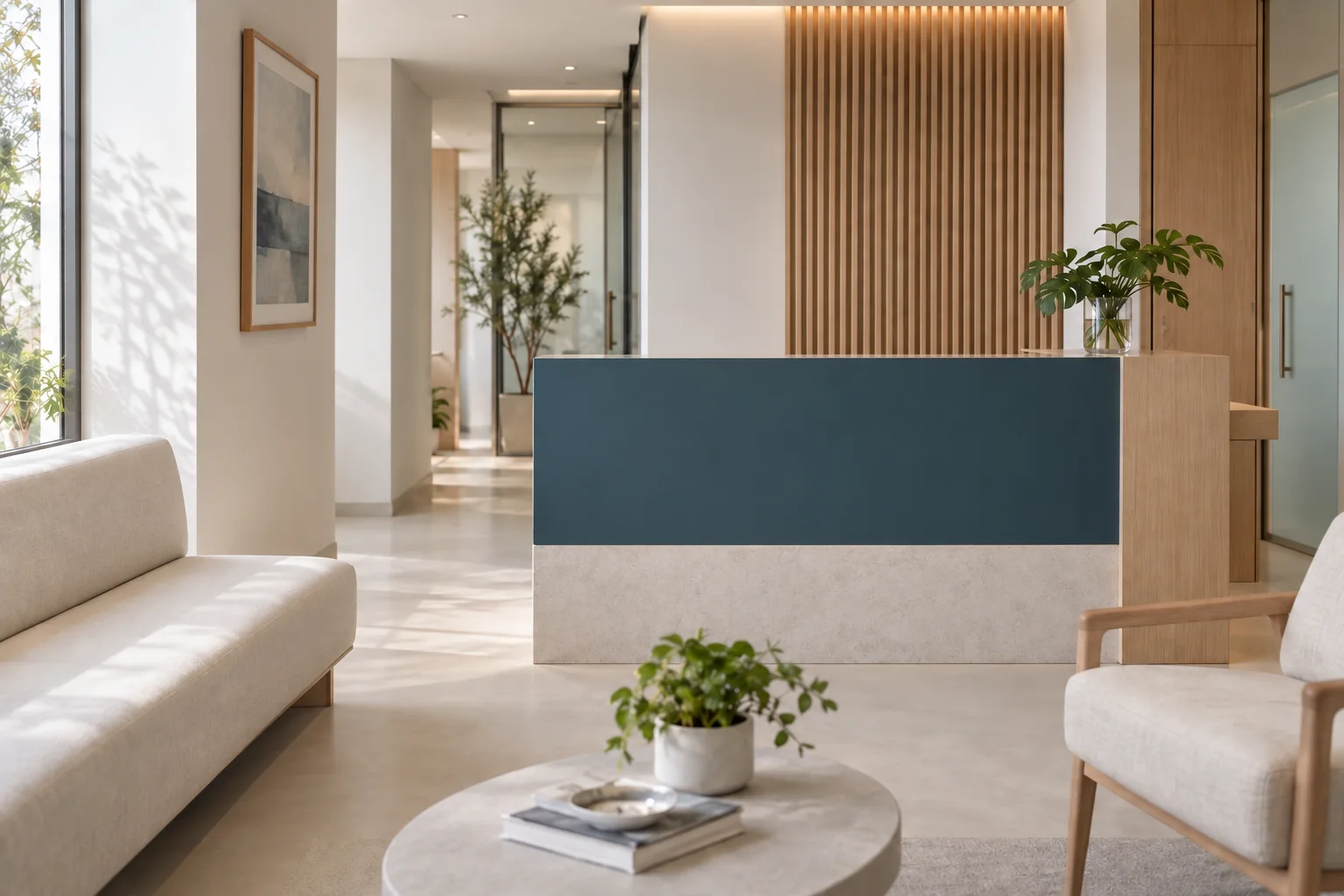 Recepção vazia com banco claro, balcão mineral com frente azul e luz natural.
