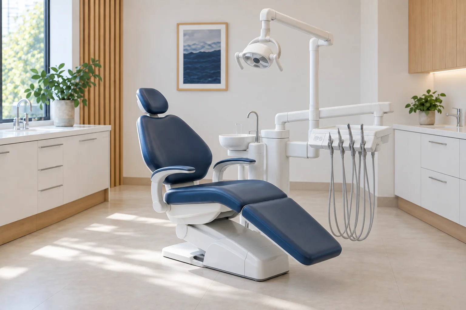 Sala de atendimento odontológico vazia, com cadeira azul petróleo, unidade odontológica, refletor articulado e bancada clara sob luz natural.